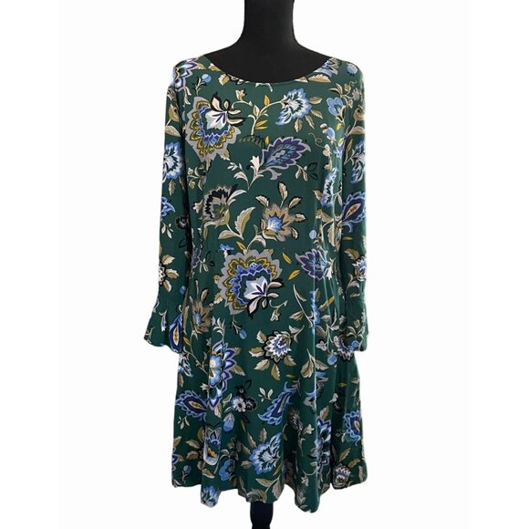 Old Navy long Sleeve fit and flare floral dress green sz 14 flowing flattering - Picture 1 of 7